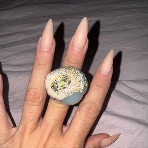Swarovski Iridescent Blue and Gold Ring- with pink stones